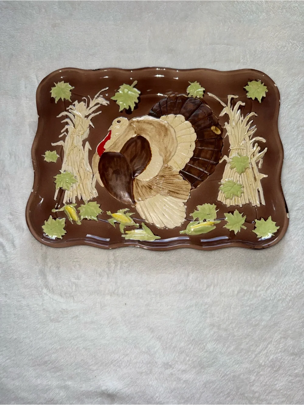 Vintage Hand-Painted Brown Ceramic Turkey/Thanksgiving Serving Platter